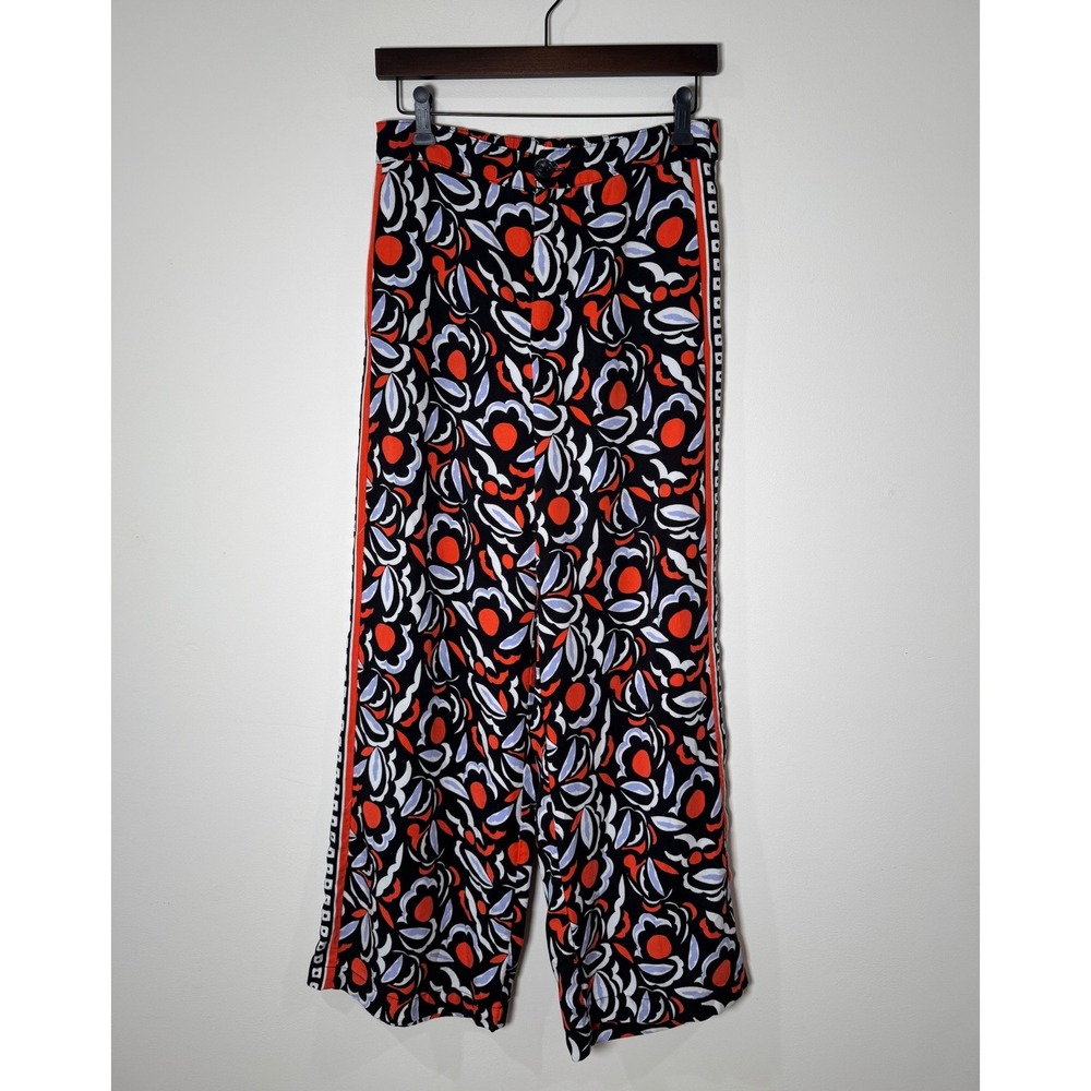 Anthropologie Floral Wide Leg Pants Black Red Blue White Side Stripe Size 6